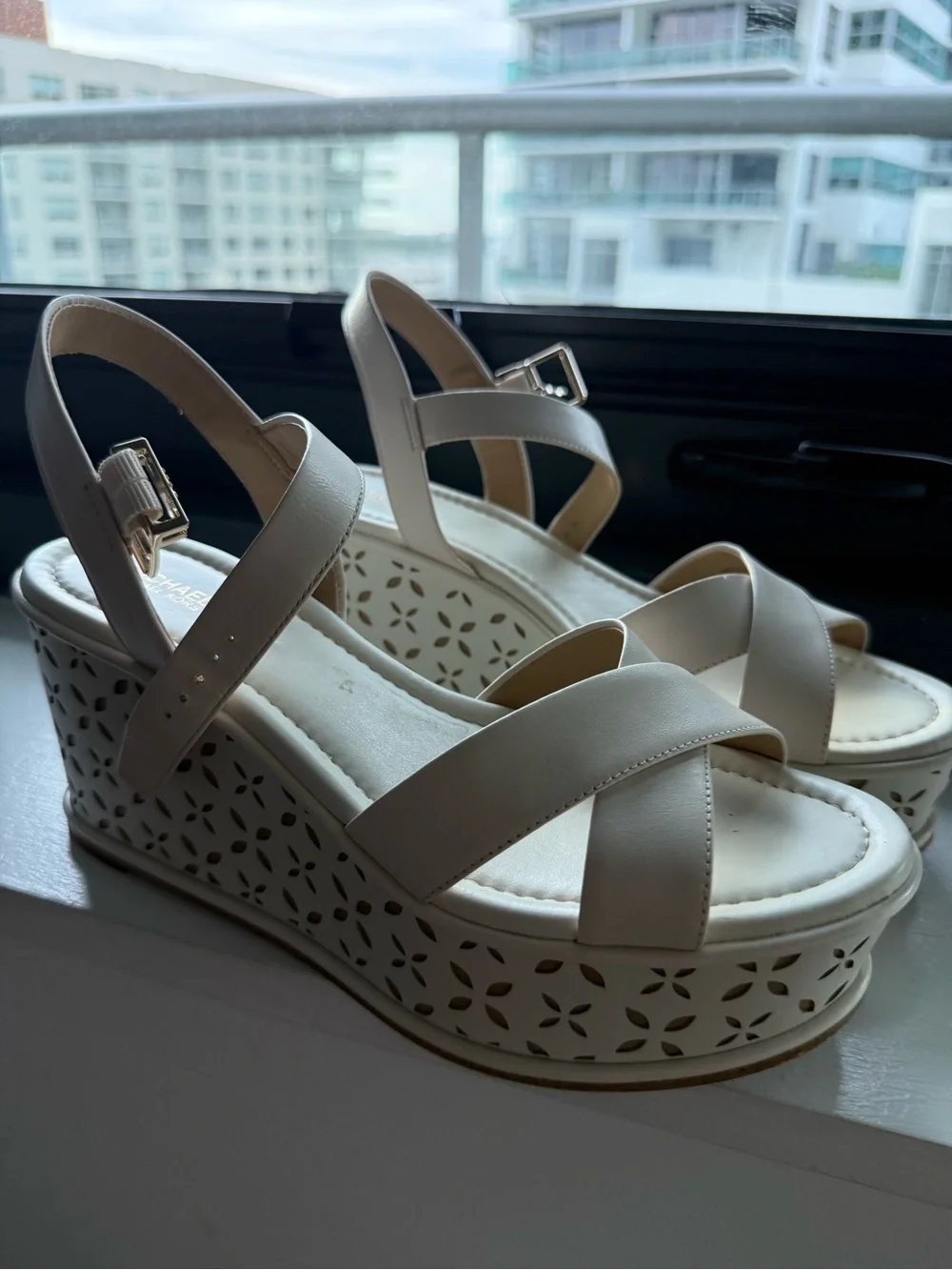 Women's Cream Wedge Sandals with Laser-Cut Platform